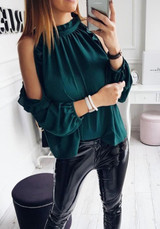Green Ruffle Cut Out Round Neck Long Sleeve Fashion Blouse