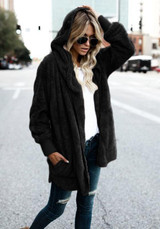 Black Pockets Zipper Fur Hooded Long Sleeve Casual Coat