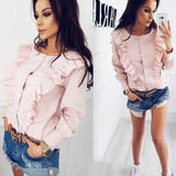 Pink Striped Buttons Ruffle Round Neck Fashion Blouse