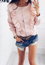 Pink Striped Buttons Ruffle Round Neck Fashion Blouse