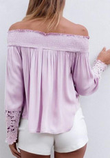 Light Purple Patchwork Ruffle Lace Bandeau Backless Off Shoulder Blouse