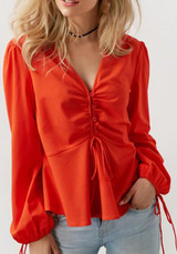 Red Plain Drawstring Buttons V-neck Casual Blouse