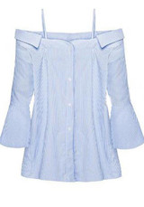 Blue Striped Shoulder-Strap Boat Neck Bell Sleeve Fashion Blouse