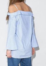 Blue Striped Shoulder-Strap Boat Neck Bell Sleeve Fashion Blouse
