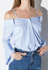 Blue Striped Shoulder-Strap Boat Neck Bell Sleeve Fashion Blouse