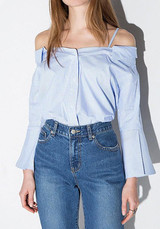 Blue Striped Shoulder-Strap Boat Neck Bell Sleeve Fashion Blouse