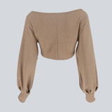 Khaki Ruffle Open Back Lantern Sleeve Off Shoulder Oversized Pullover Sweater