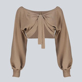 Khaki Ruffle Open Back Lantern Sleeve Off Shoulder Oversized Pullover Sweater