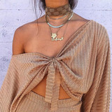 Khaki Ruffle Open Back Lantern Sleeve Off Shoulder Oversized Pullover Sweater