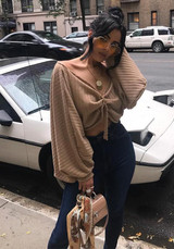 Khaki Ruffle Open Back Lantern Sleeve Off Shoulder Oversized Pullover Sweater