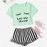 Black Graphic Tee Frilled Striped Shorts