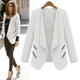 White Plain Zipper Pockets Tailored Collar Office Worker Coat