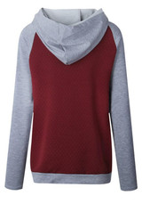 Red-Grey Patchwork Drawstring Zipper Pockets Casual Hooded Sweatshirt