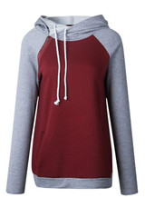 Red-Grey Patchwork Drawstring Zipper Pockets Casual Hooded Sweatshirt