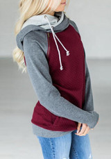 Red-Grey Patchwork Drawstring Zipper Pockets Casual Hooded Sweatshirt