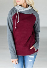 Red-Grey Patchwork Drawstring Zipper Pockets Casual Hooded Sweatshirt