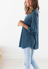 Blue Striped Irregular Round Neck Casual T-Shirt