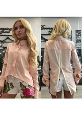 Pink Irregular Single Breasted Zipper High-low Long Sleeve Blouse