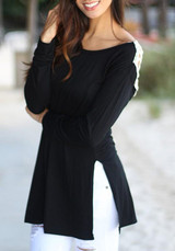 Black Patchwork Cut Out Round Neck Fashion T-Shirt