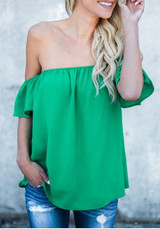 Green Ruffle Off Shoulder Backless Going out Casual Blouse