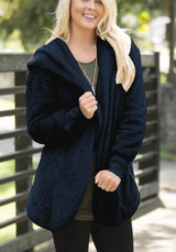 Black Plain Pockets Hooded No Button Casual Coat