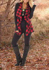Red-Black Plaid Print Irregular Christmas Turndown Collar Casual Cardigan Vest Coat
