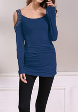 Blue Patchwork Rhinestone Cut Out Round Neck Casual T-Shirt