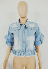 Light Blue Pockets Ruffle Single Breasted Peplum Turndown Collar Denim Cardigan Coat