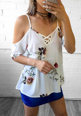White Floral Cut Out Condole Belt Plunging Neckline Fashion T-Shirt