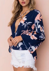Dark Blue Floral Ruffle Cut Out V-neck Fashion Blouse