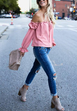 Pink Backless Drawstring Ruffle Off Shoulder Ruched Balloon Sleeve Going out Sweet Blouse Pink Backless Drawstring Ruffle Off Shoulder Ruched Balloon Sleeve Going out Sweet Blouse
