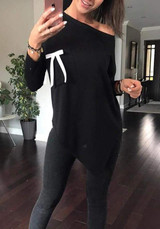 Black Irregular Pockets Bow Off Shoulder Long Sleeve T-Shirt