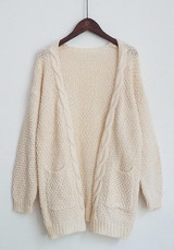 Beige Pockets Draped Oversize Long Sleeve Casual Cardigan Sweater
