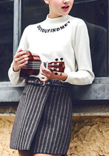 White Monogram Print Embroidery High Neck Long Sleeve Casual Pullover Sweater