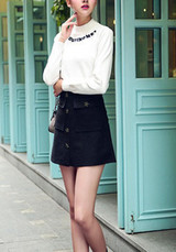White Monogram Print Embroidery High Neck Long Sleeve Casual Pullover Sweater