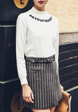 White Monogram Print Embroidery High Neck Long Sleeve Casual Pullover Sweater