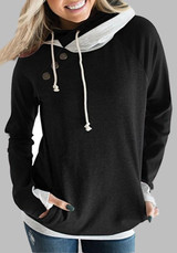Black Patchwork Drawstring Pockets Studded Hooded Fashion Pullover Sweatshirt