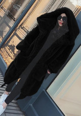 Black Draped Pockets Zipper Faux Fur Oversize Hooded Long Sleeve Thick Coat