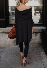 Black Irregular Boat Neck Three Quarter Length Sleeve Casual T-Shirt