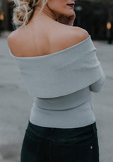 Grey V-neck Off Shoulder Long Sleeve Fashion Pullover Sweater