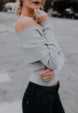 Grey V-neck Off Shoulder Long Sleeve Fashion Pullover Sweater