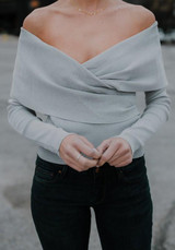 Grey V-neck Off Shoulder Long Sleeve Fashion Pullover Sweater