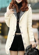 Beige Patchwork Single Breasted Draped Hooded Oversize Long Sleeve Cardigan Sweater