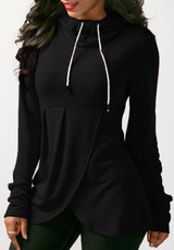 Black Irregular Drawstring Long Sleeve Casual Pullover Hooded Sweatshirt