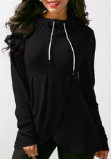 Black Irregular Drawstring Long Sleeve Casual Pullover Hooded Sweatshirt
