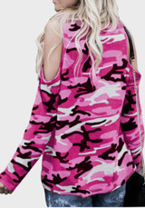 Rose Carmine Camouflage Cut Out Sleeve Casual Going out T-Shirt