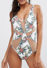White Floral Patchwork Print Backless U-neck Fashion Swimwear