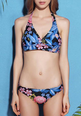 Purple Flowers 2-in-1 Tie Back Open Back Halter Neck Swimwear