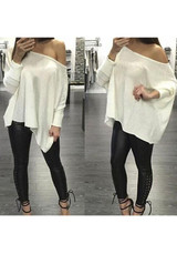 White Irregular Asymmetric Shoulder Long Sleeve Casual T-Shirt