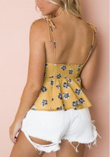 Yellow Flowers Draped Bowknot Peplum Spaghetti Strap V-neck Bohemian Cute Vest